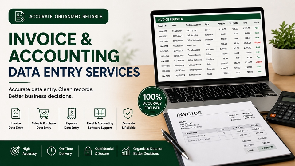 Invoice and accounting data entry with Excel, sales, purchase, and expense records.