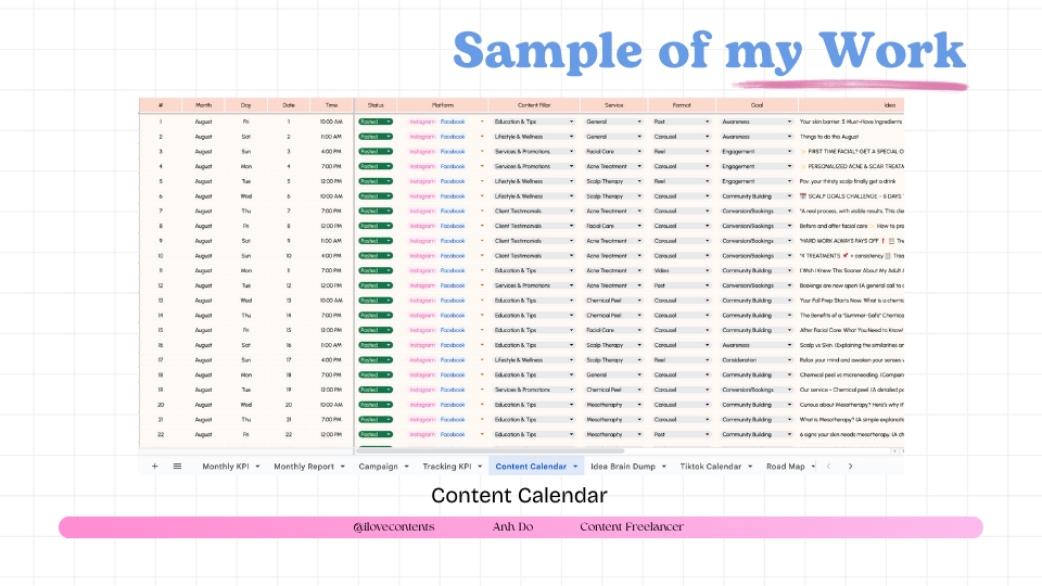 Sample content calendar