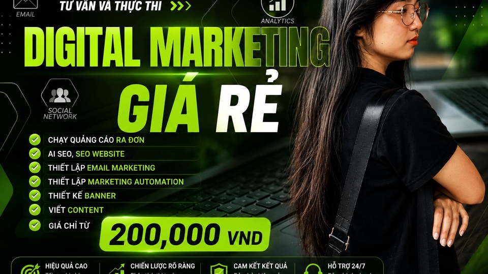 digital marketing, chạy quảng cáo ra đơn, AI SEO, SEO website, email marketing, marketing automation