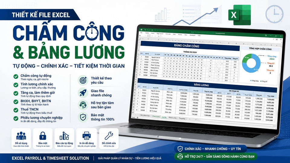 Tạo File Excel chấm công, bảng lương tự động, tăng ca, BHXH, thuế TNCN theo yêu cầu