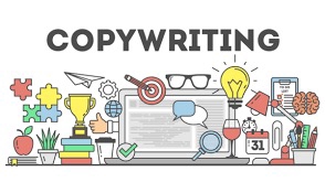 Hình ảnh minh hoạ công việc copywriting, thể hiện qua các biểu tượng như laptop, bút, bóng đèn,..