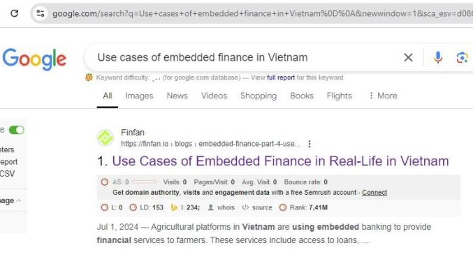 bài viết chứa từ khóa cung cấp thông tin "use cases of embedded finance in Vietnam" lên top Google