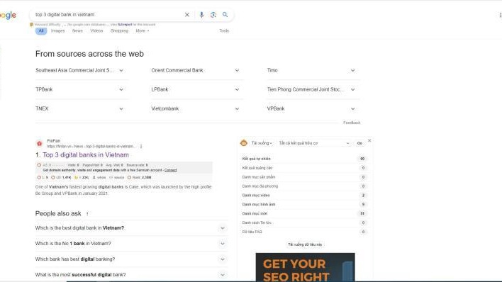 bài viết chứa từ khóa cung cấp thông tin "top digital banks in vietnam" cho FinFan lên top tìm kiếm