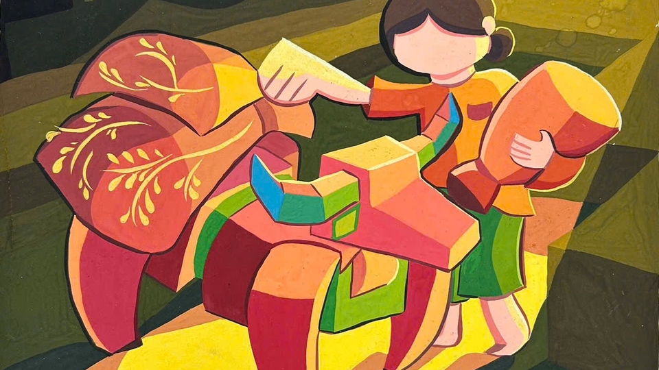 Tranh thuộc thể loại trừu tượng hiện đại,  thể hiện cảnh sinh hoạt nông thôn một cách cách điệu.
