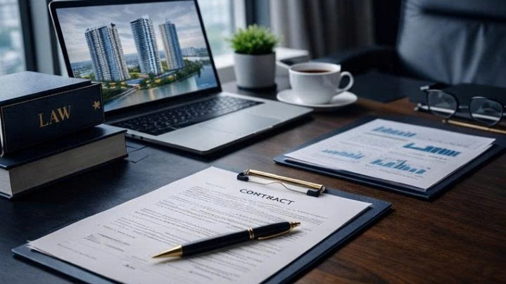 Executive assistant workspace with corporate documents, legal paperwork, and project files