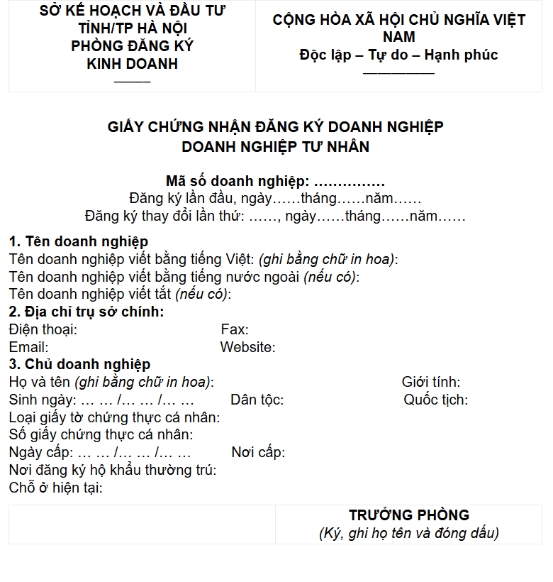 Đăng ký kinh doanh - Xin giấy phép thành lập doanh nghiệp/Thay đổi thông tin trên giấy phép/Giấy phép con - 2