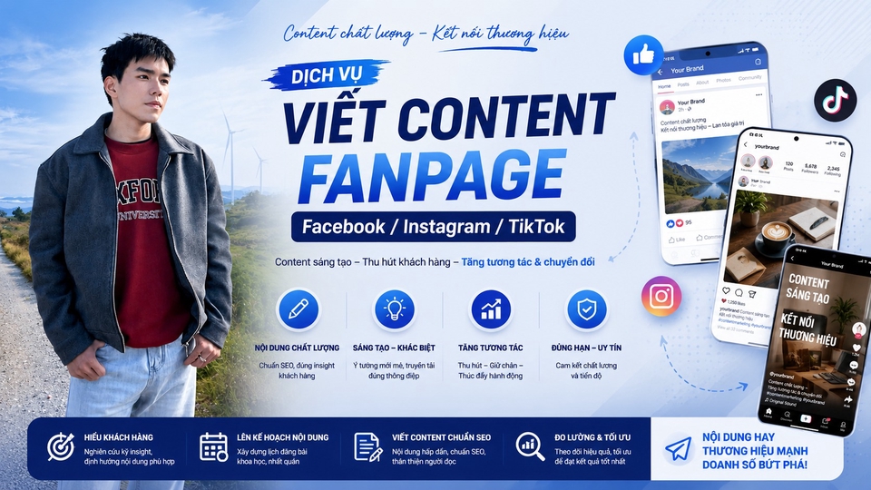Viết content Fanpage Facebook, Instagram và TikTok chuyên nghiệp, sáng tạo, tăng tương tác.