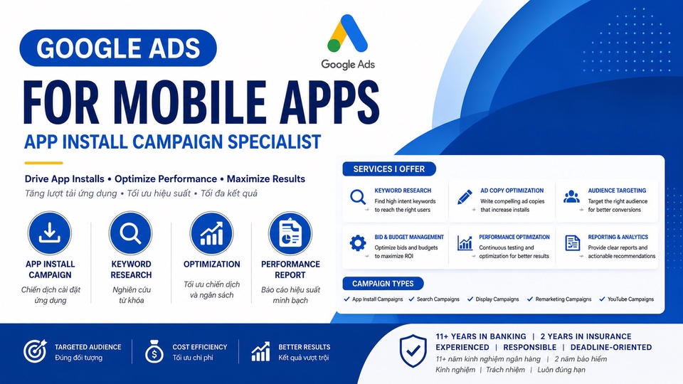 GOOGLE ADS FOR MOBILE APPS
App Install Campaign
Keyword Research | Optimization | Performance Report